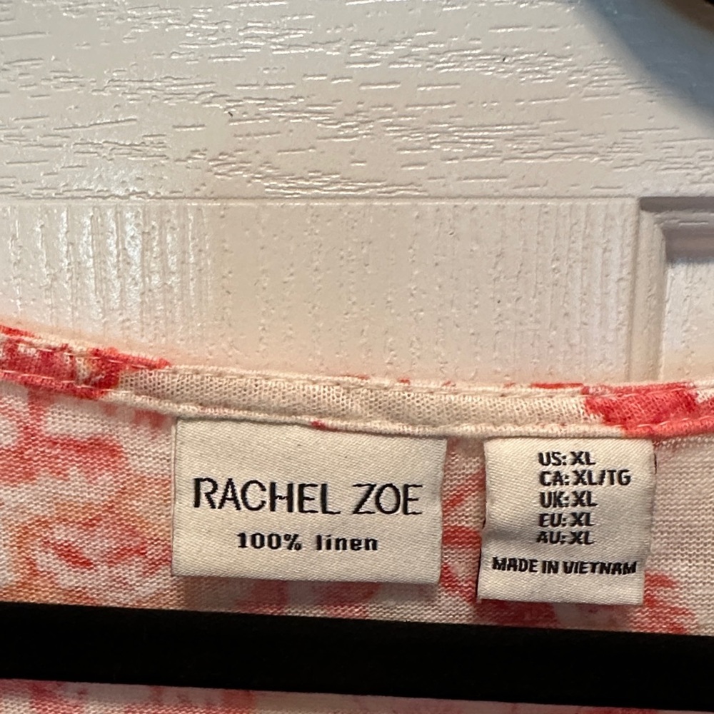 Rachel Zoe Coral and Cream Floral Short Sleeve Tee 100% Linen Size XL - Picture 2 of 6